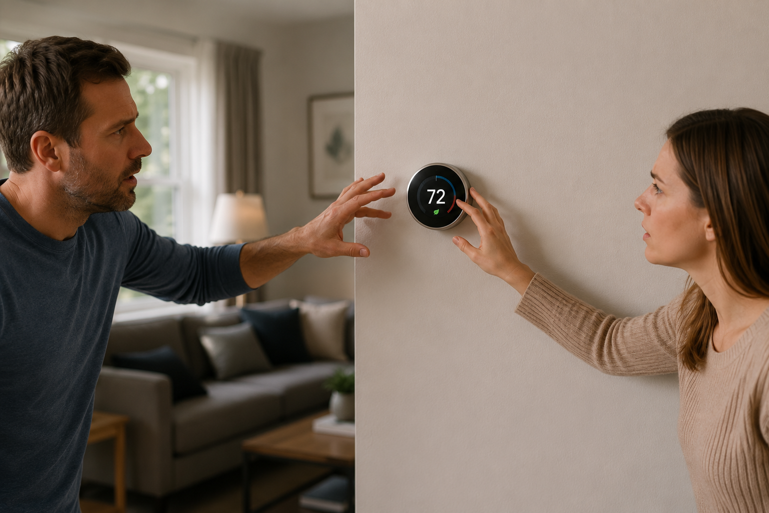 man and woman adjusting digital thermostat
